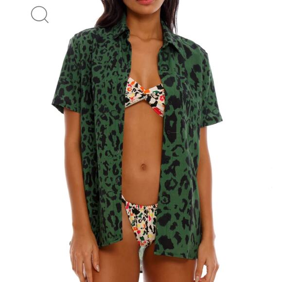 Agua Bendita Dean Unisex Green & Black Cheetah Print Button Up - Picture 1 of 9